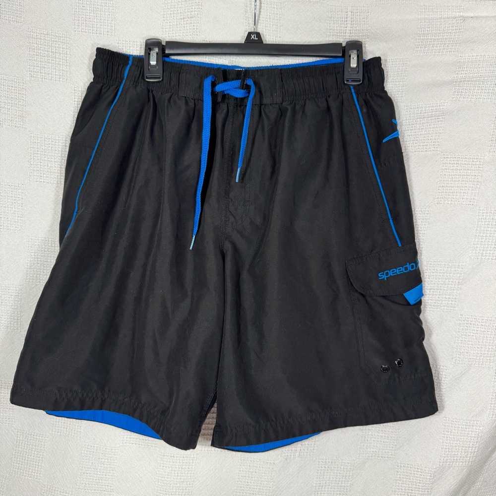 Speedo Swim Trunks Mens Medium Black Blue Water Shorts Net Swimming‎ Pool Adult